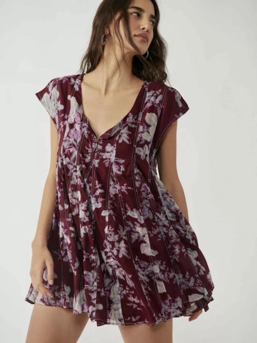 Free People Burgundy Floral V-Neck Swing Mini Dress never worn